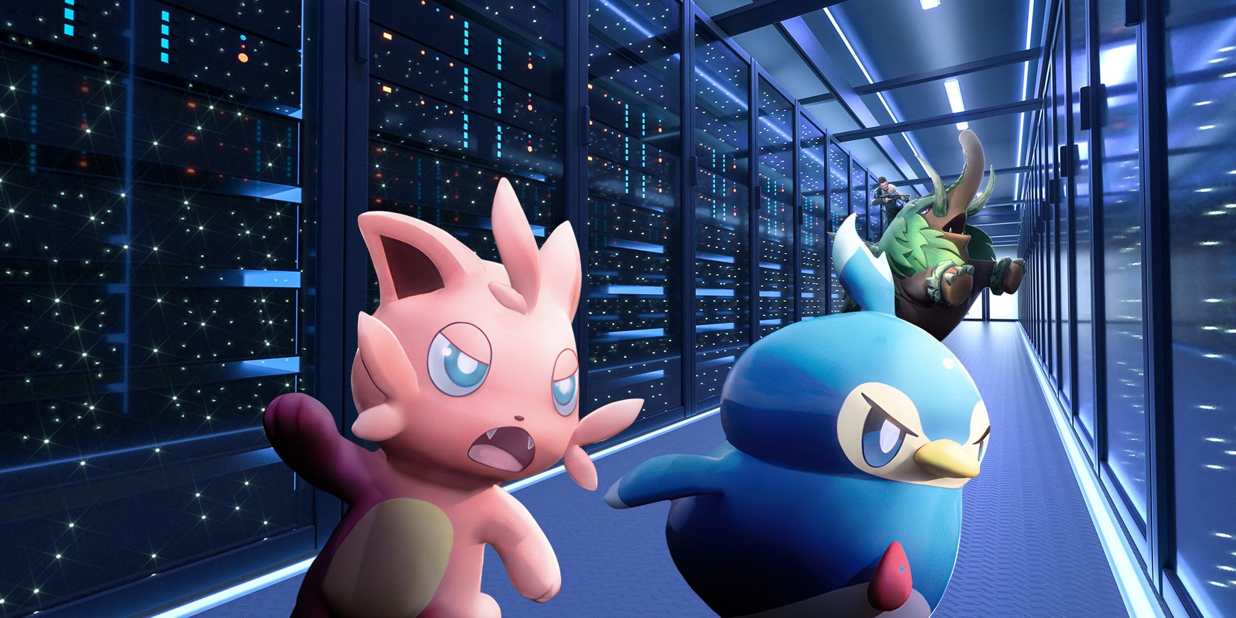 Palworld Cattiva and Pengullet Pals running through server room composite