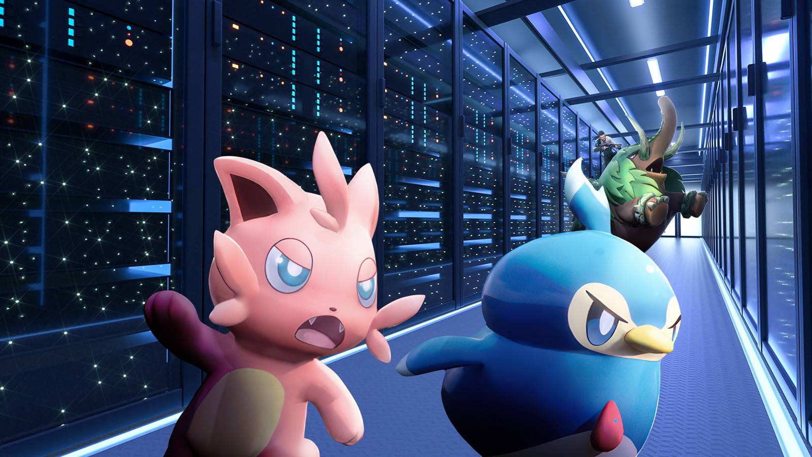 Palworld Cattiva and Pengullet Pals running through server room composite
