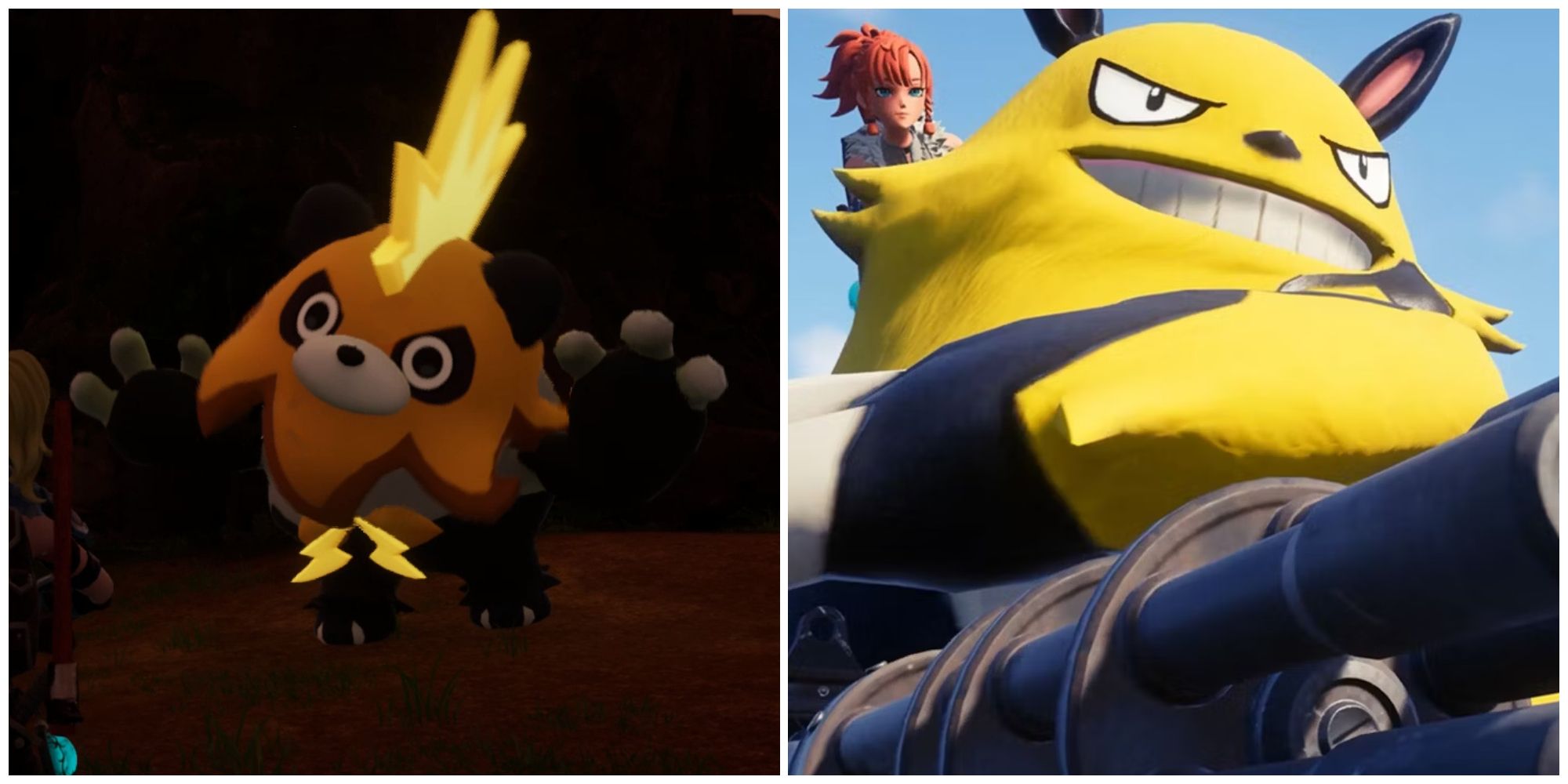 Split image of the Pals Mossanda Lux and Grizzbolt in Palworld