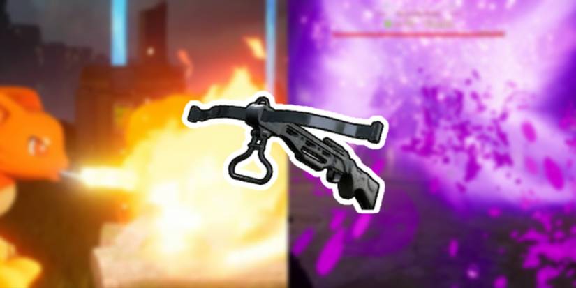 Palworld Crossbow foreground with a fire and poison background