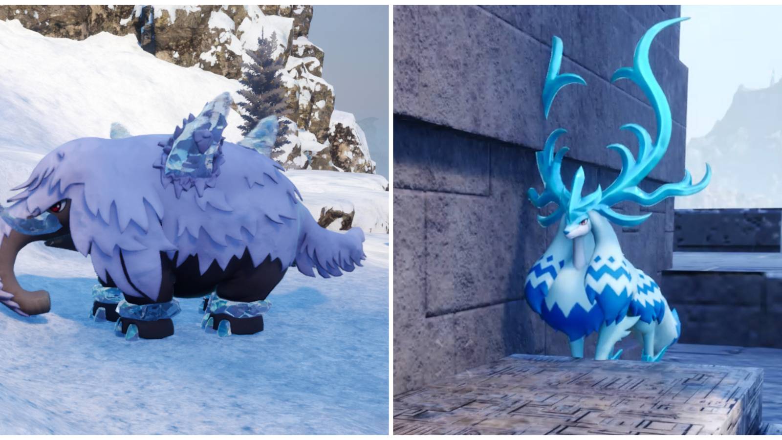 Split image of a Mammorest Cryst and Reindrix in Palworld