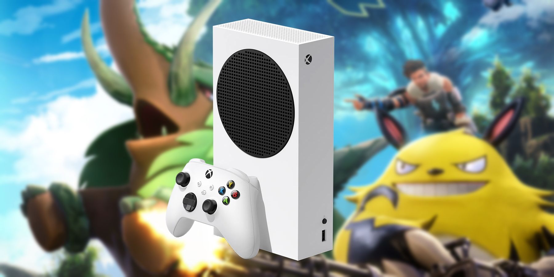 An Xbox Series S console and controller set against a blurred image of Palworld's key visual.