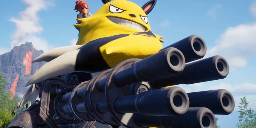 A large yellow Palworld Pal holding a big gun with many barrels.