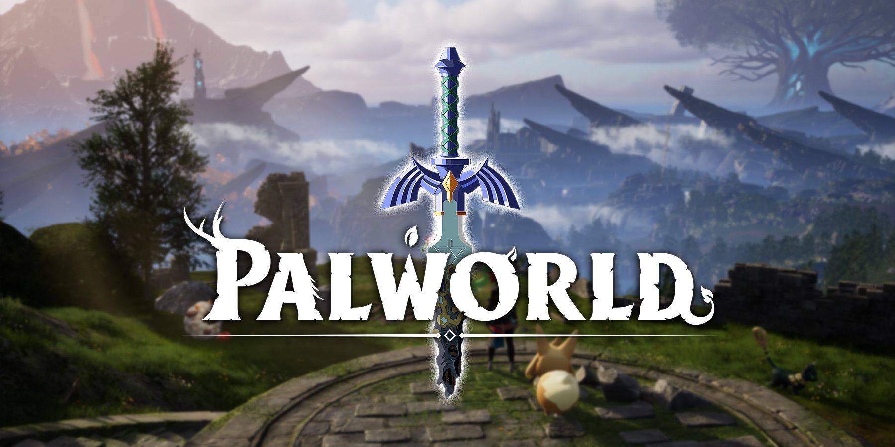 Palworld logo with damaged Master Sword in background
