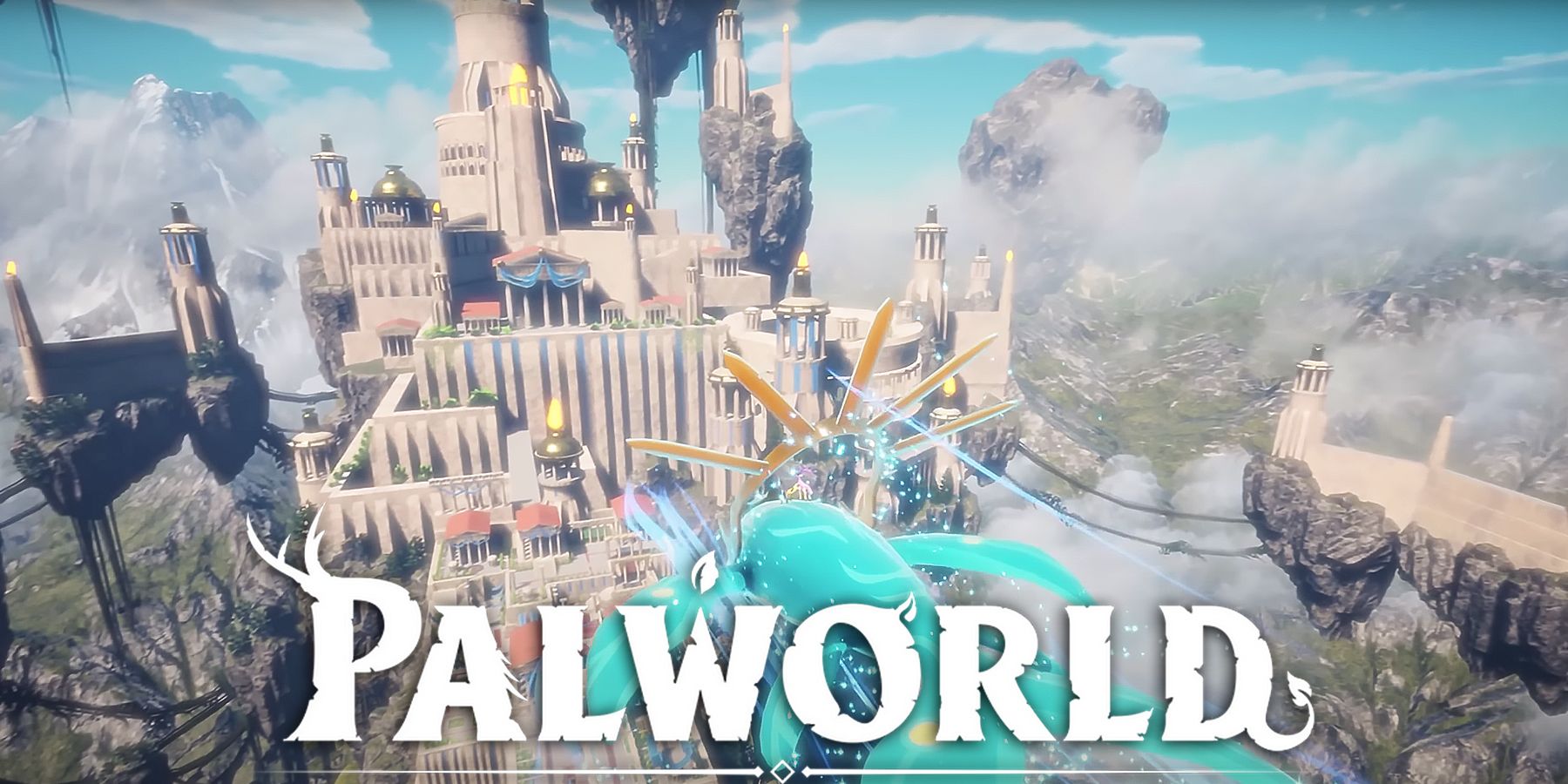 Palworld May 2022 trailer huge city screenshot with white game logo