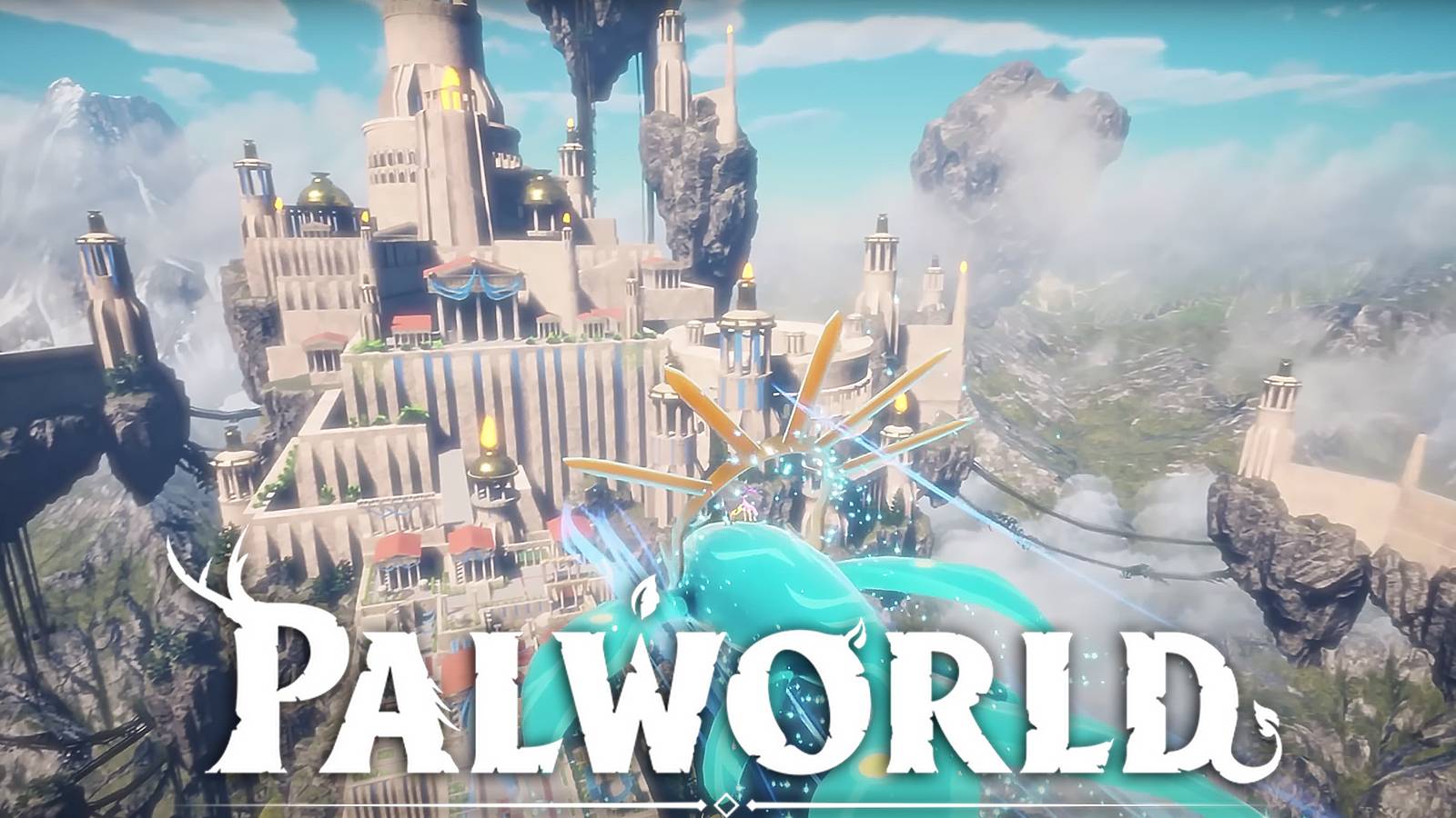 Palworld May 2022 trailer huge city screenshot with white game logo