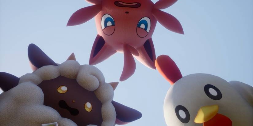 An image from Pocket Pair's Palworld, showing in-game Pals Lamball, Cattiva, and Chikipi.