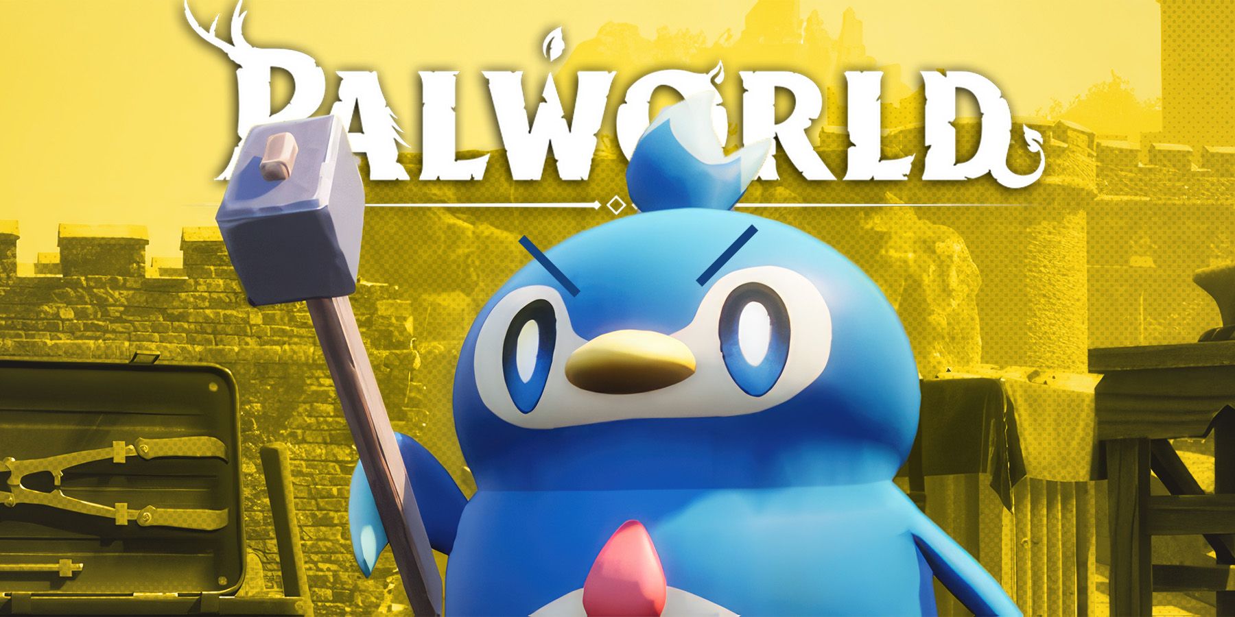 Palworld Pengullet pal wielding a hammer yellow background with white game logo