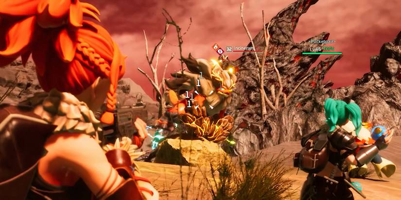 Palworld player using a weapon against Blazamut