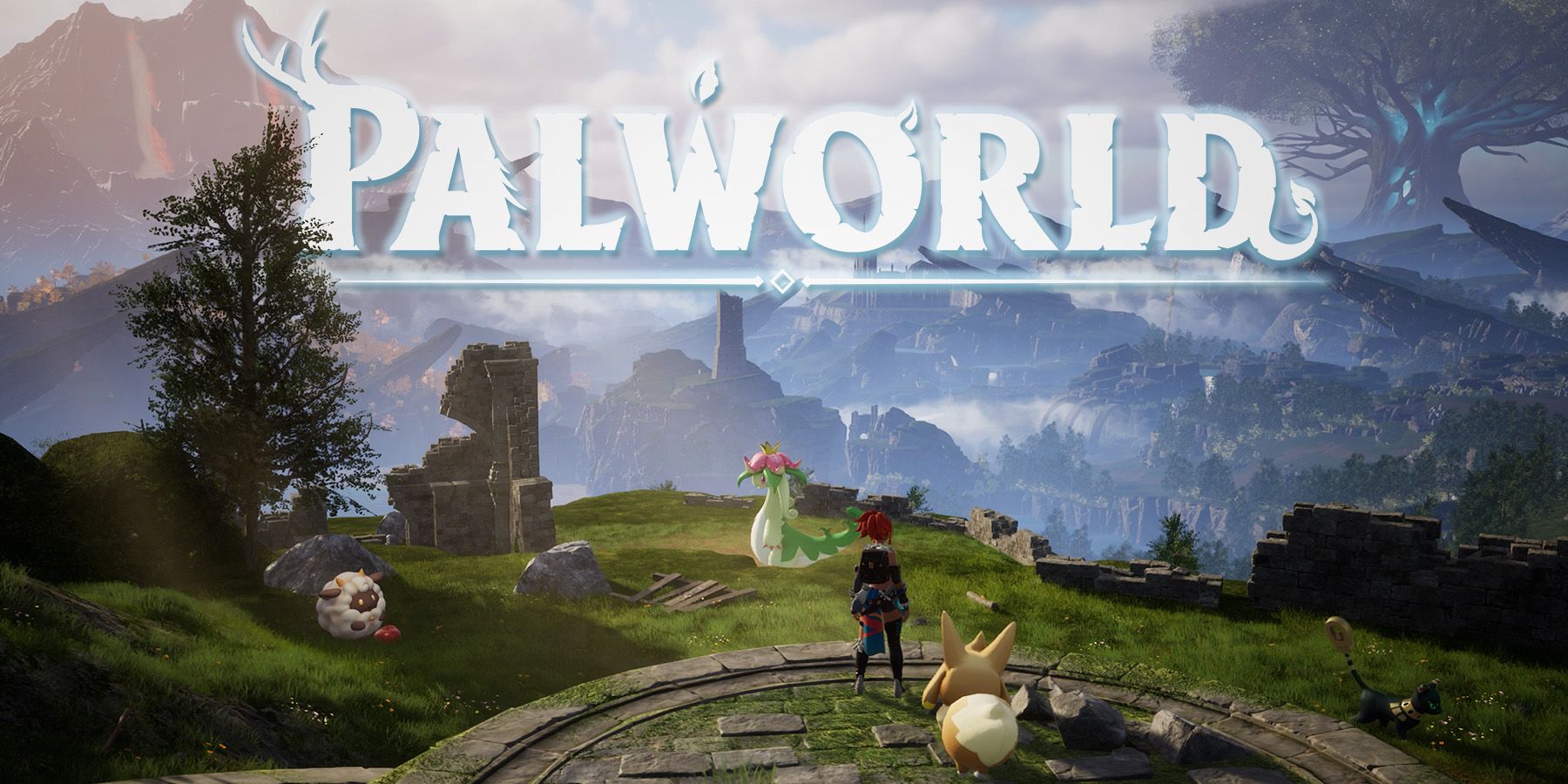 Palworld promo screenshot valley with white game logo featuring light blue outer glow