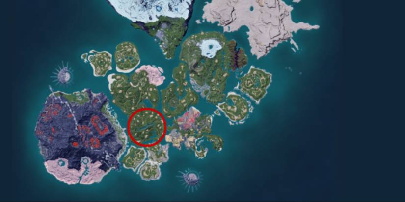 Palworld with a red circle over a location