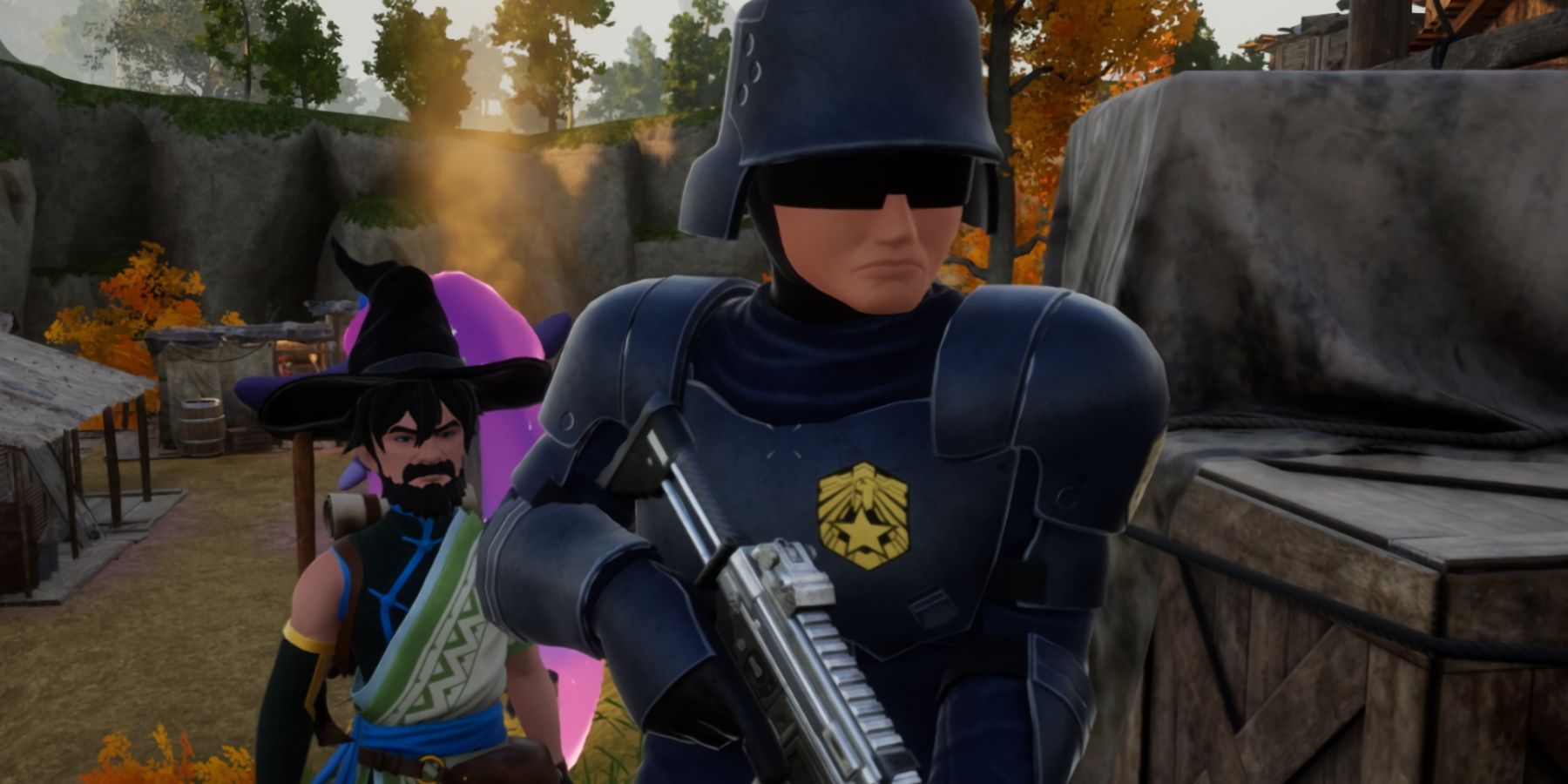 A Palworld screenshot showing a player character standing behind a PIDF police officer.