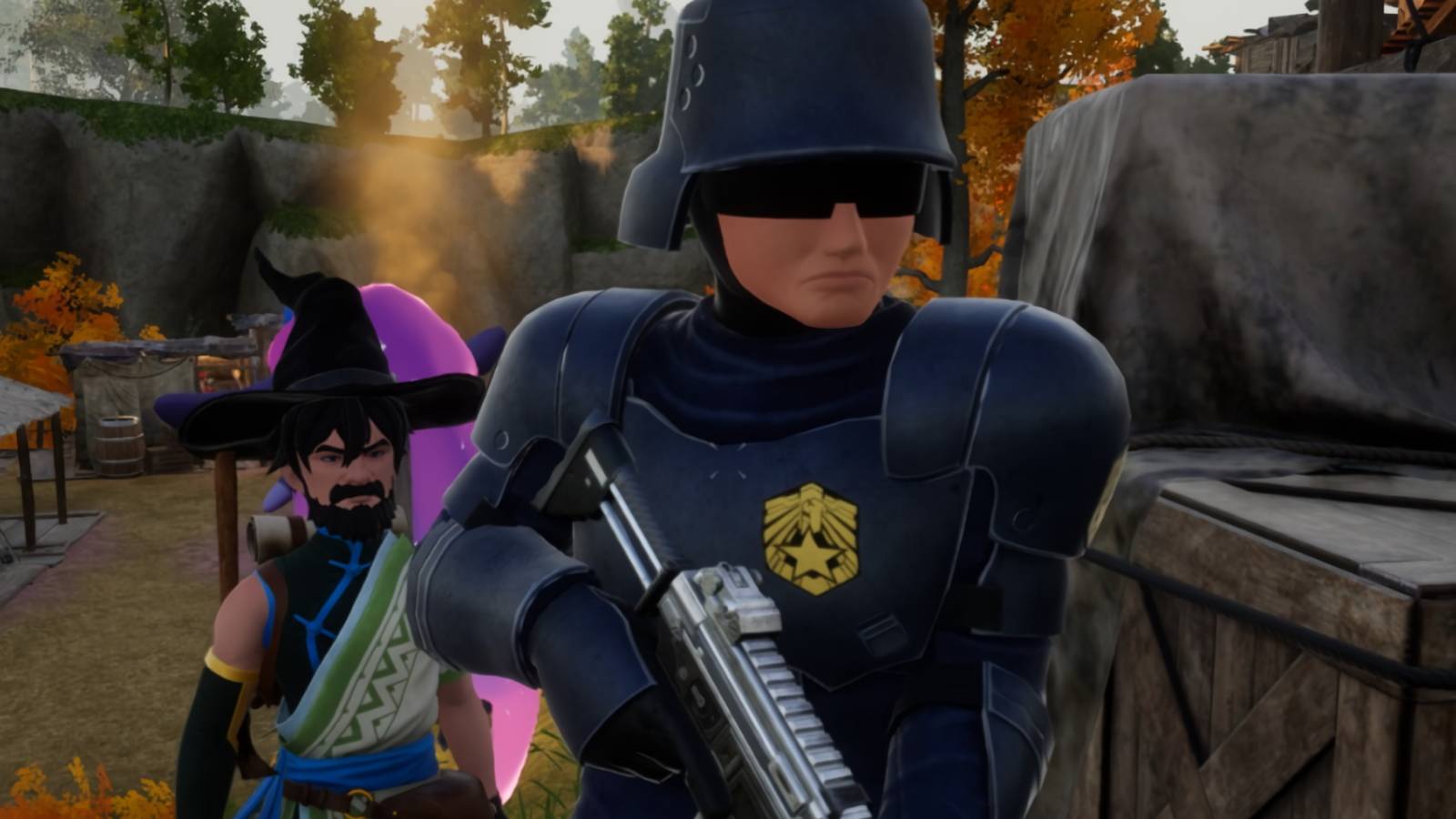 A Palworld screenshot showing a player character standing behind a PIDF police officer.