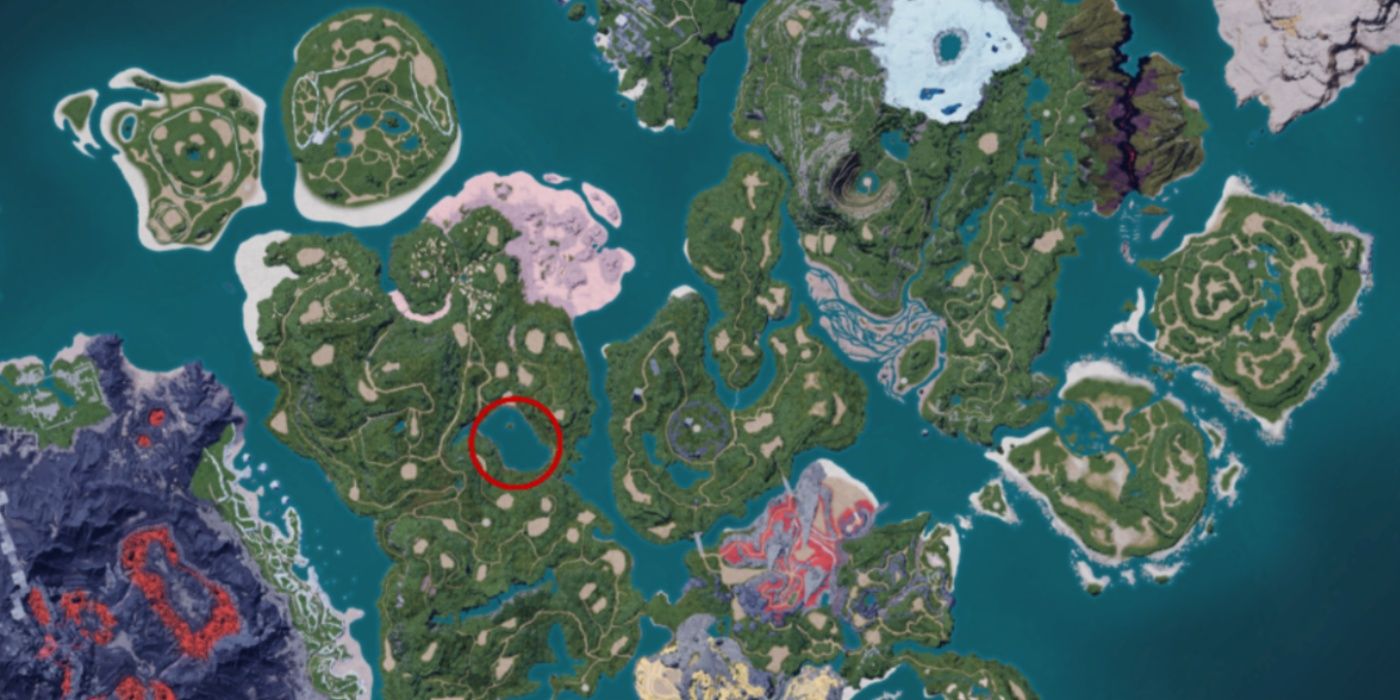 Palworld map with red circle over a location