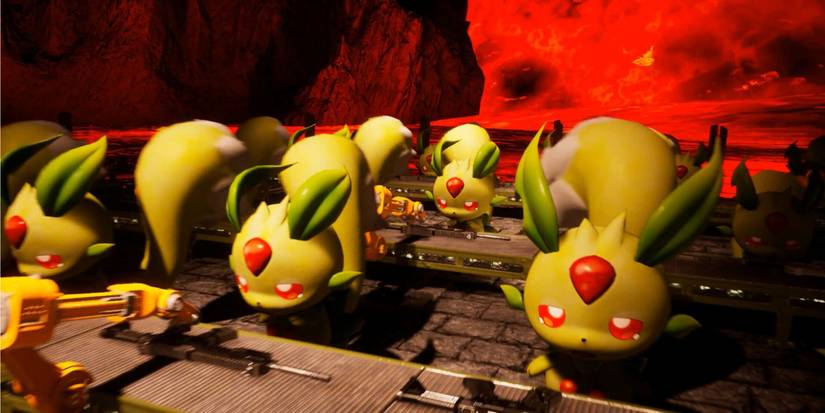 Rows of Palworld creatures manufacturing weapons.