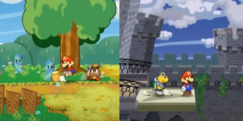 Paper Mario smashing something with his hammer, and Mario and a Koopa stood at the end of a bridge