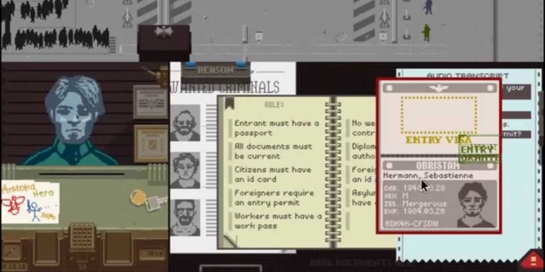 The player running through his checklist while processing an immigrant's papers