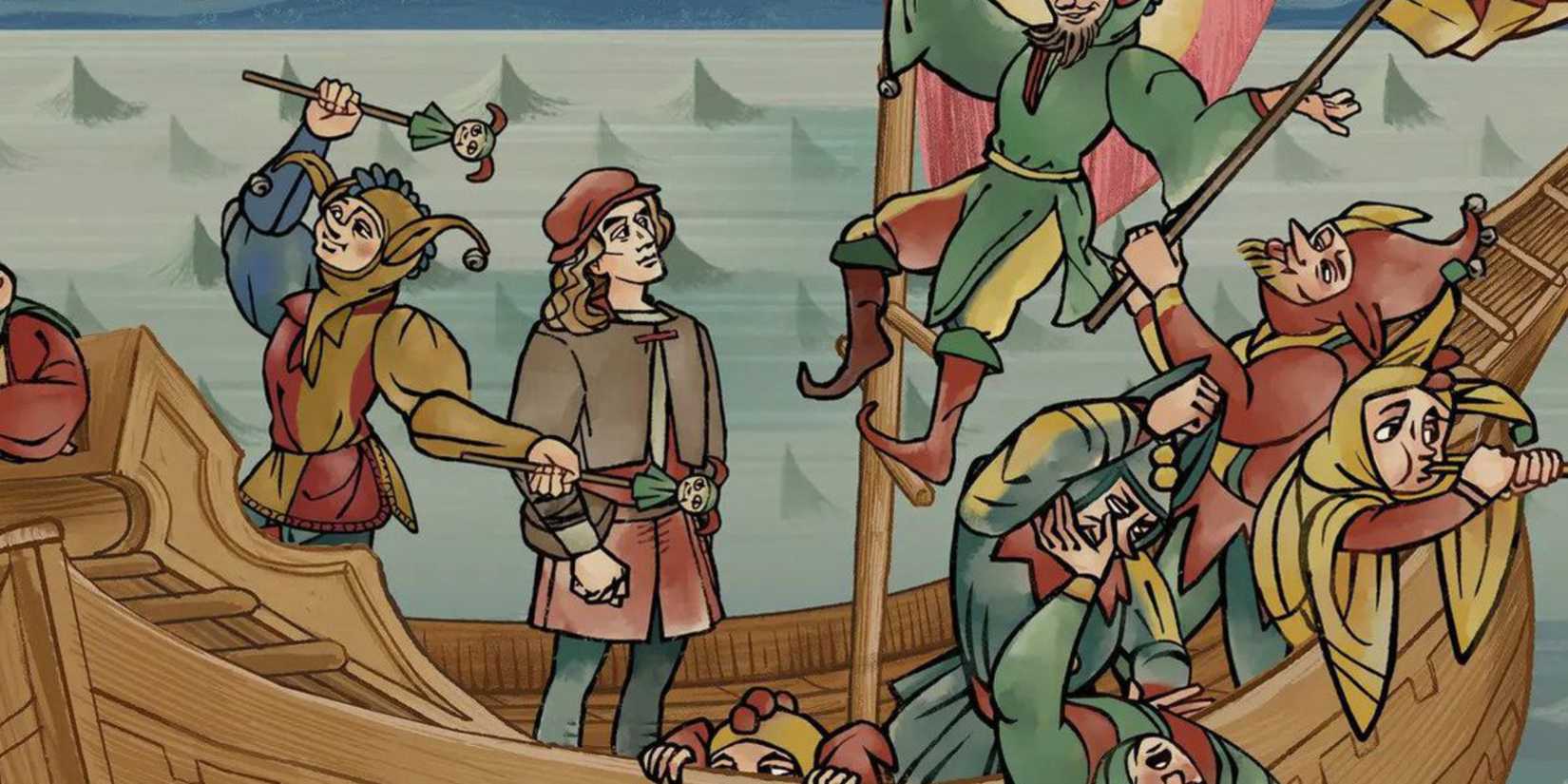 A screenshot of the main character on a boat surrounded by jesters from Pentiment.