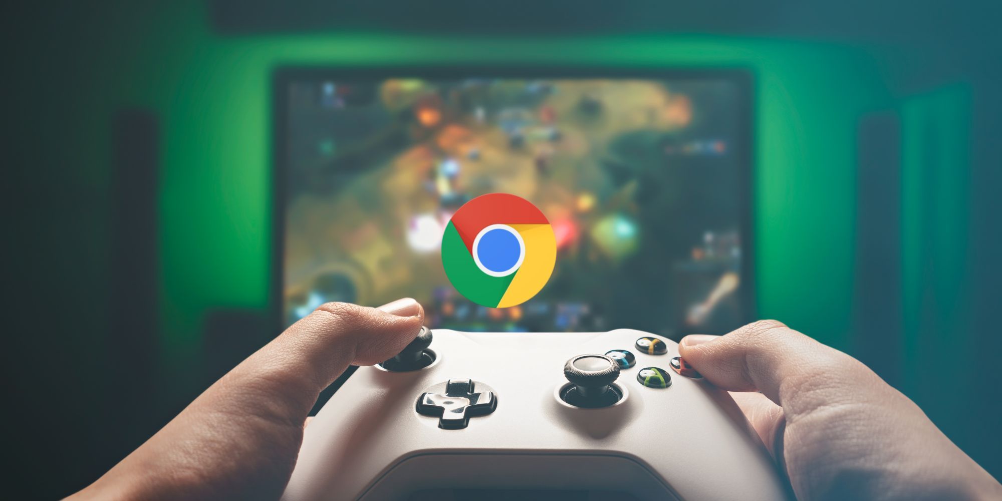 Person gaming with a controller with a Google Chrome logo above the controller