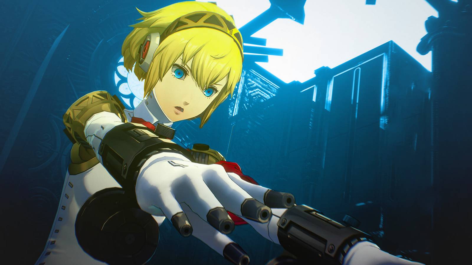 Persona 3 Reload Aigis finger guns attack screenshot blue background edit