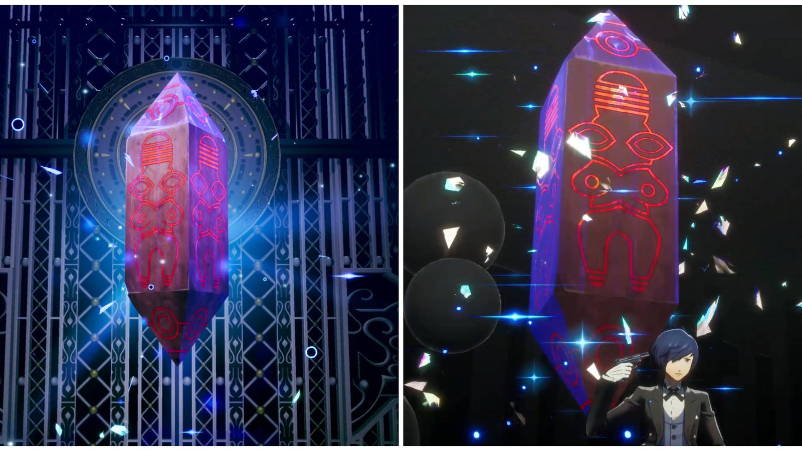 split image of Alilat after being fused and Alilat in battle in Persona 3 Reload