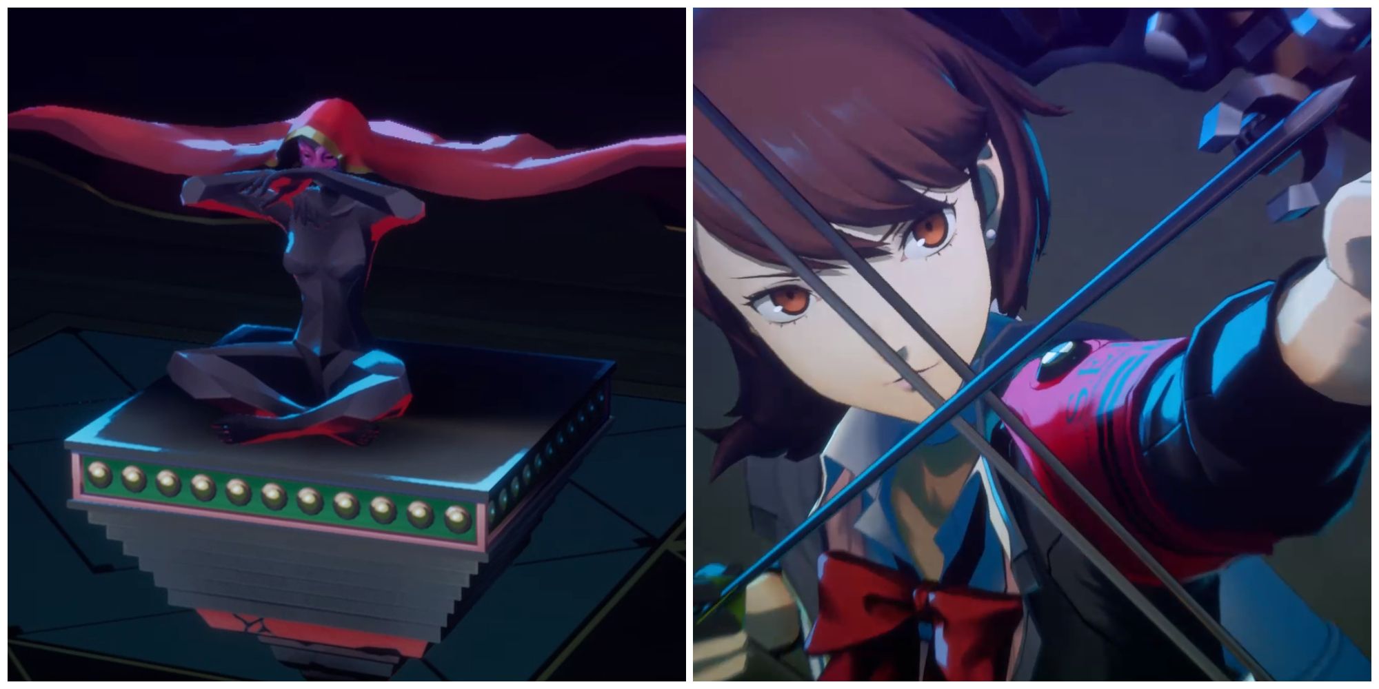 Split image of the Bloody Maria boss and Yukari using an attack in Persona 3 Reload