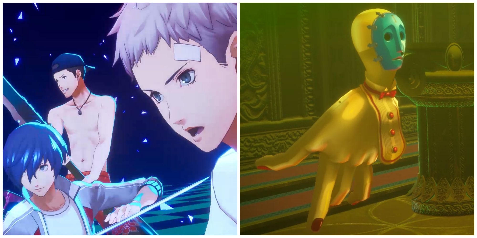 Split image of the team unleashing an All-Out Attack and the Bold Checkmate enemy in Persona 3 Reload