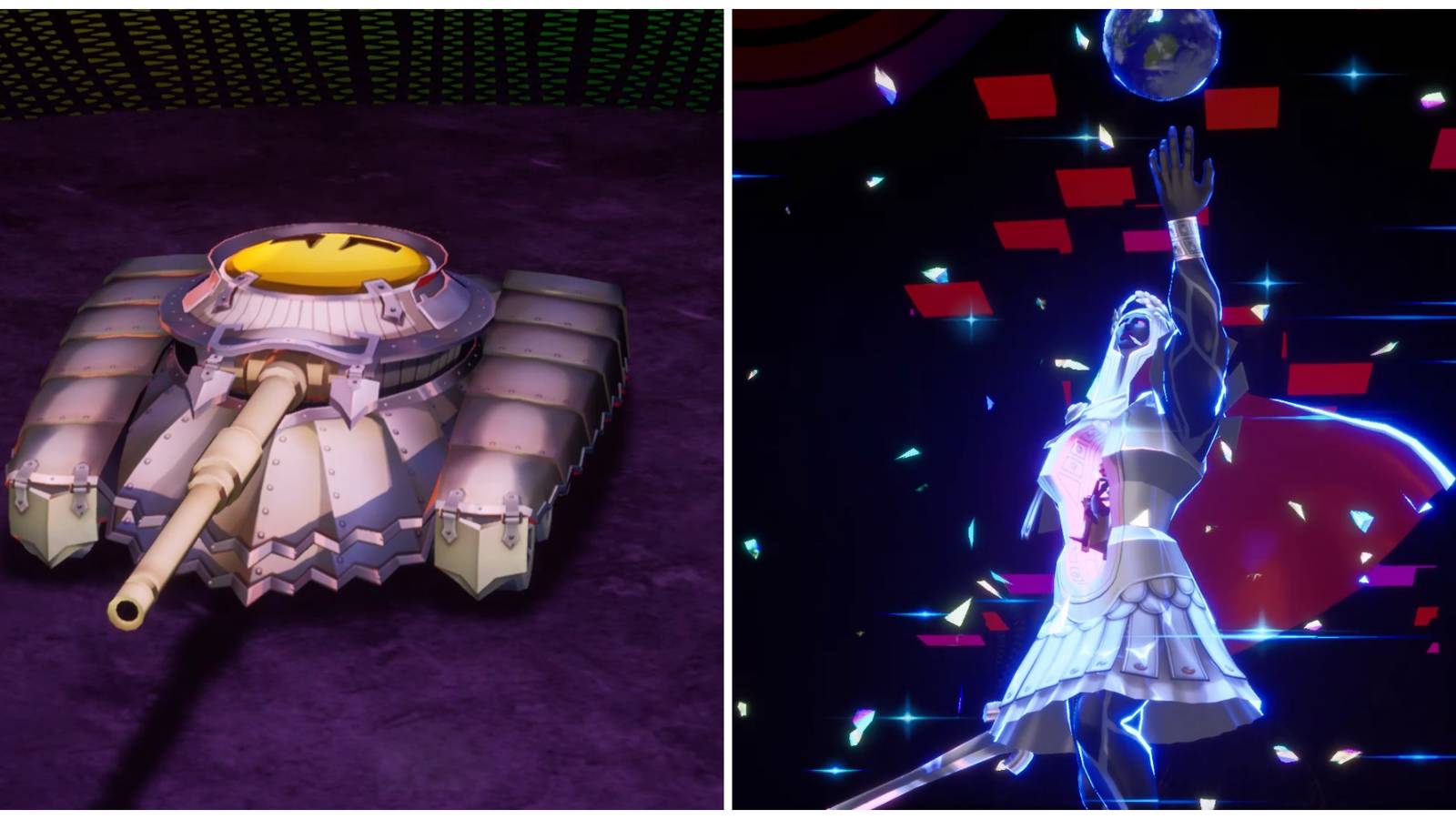 Split image of the Chaos Panzer boss and Akihiko's Persona in Persona 3 Reload