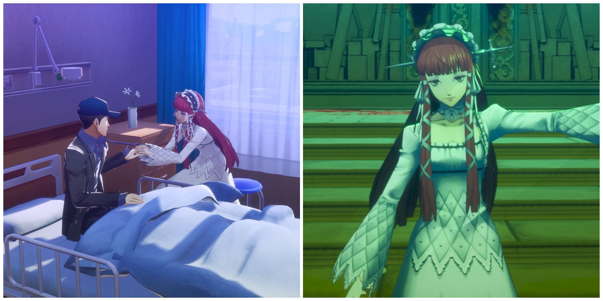 Split image of Chidori and Junpei in the hospital and Chidori at the beginning of the battle in Persona 3 Reload