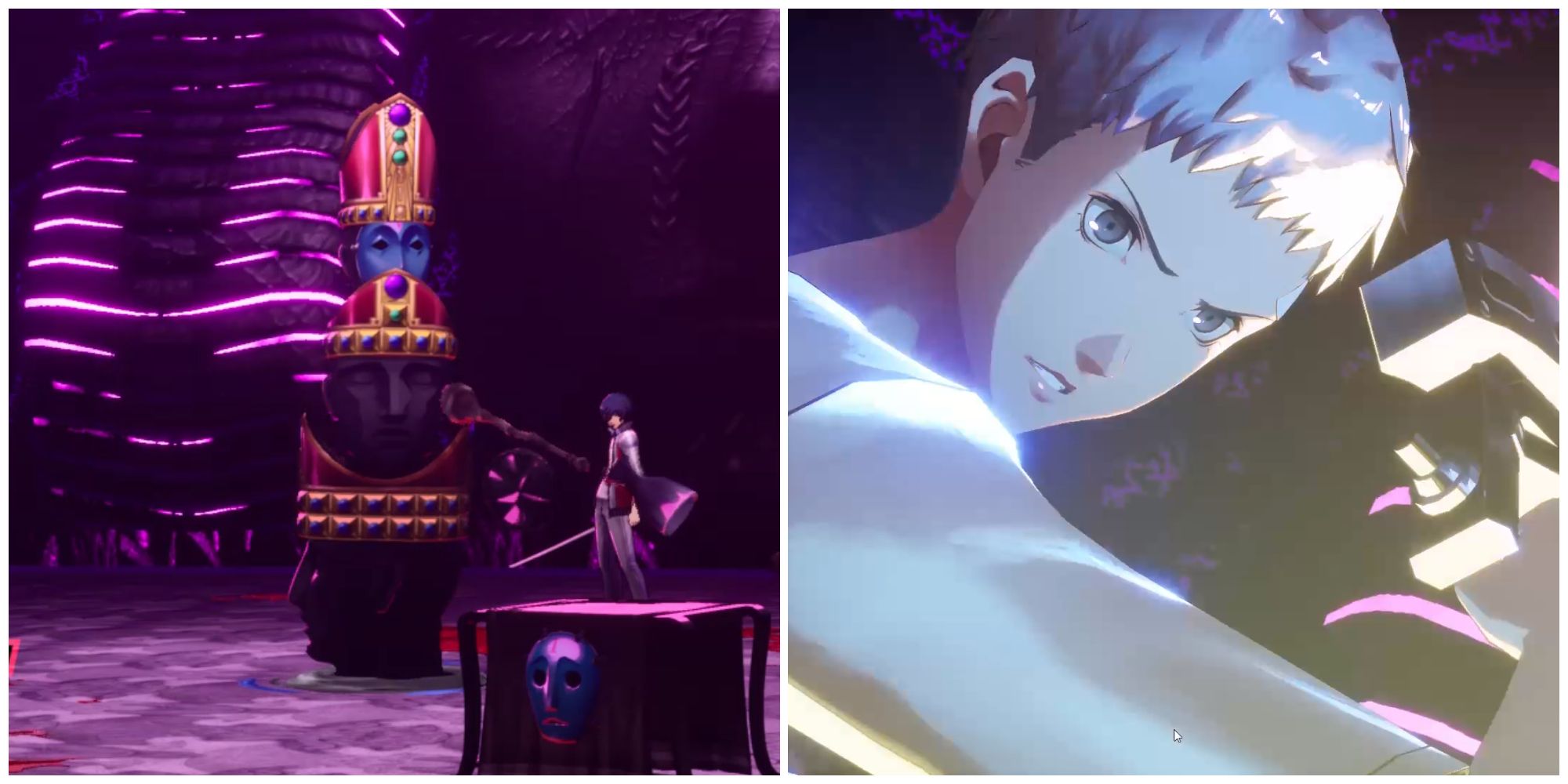 Split image of the Corrupt Tower enemy and Sanada using his Theurgy attack in Persona 3 Reload