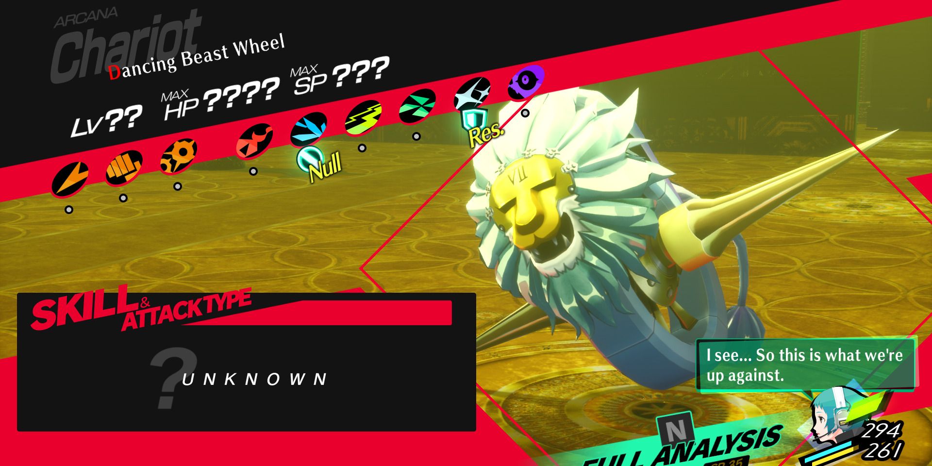 Image of the weaknesses and resistances of the Dancing Beast Wheel boss in Persona 3 Reload