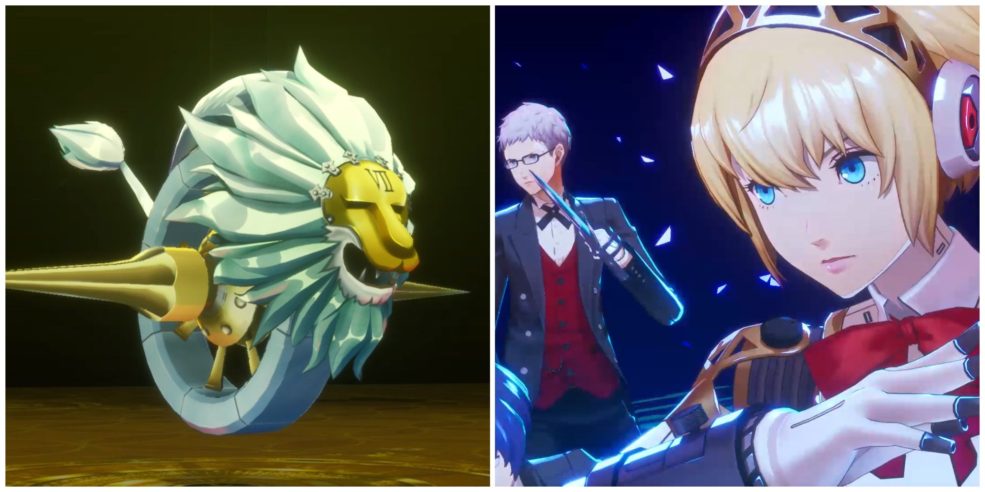 Split image of the Dancing Beast Wheel enemy and Aigis and the team performing an all-out attack in Persona 3 Reload