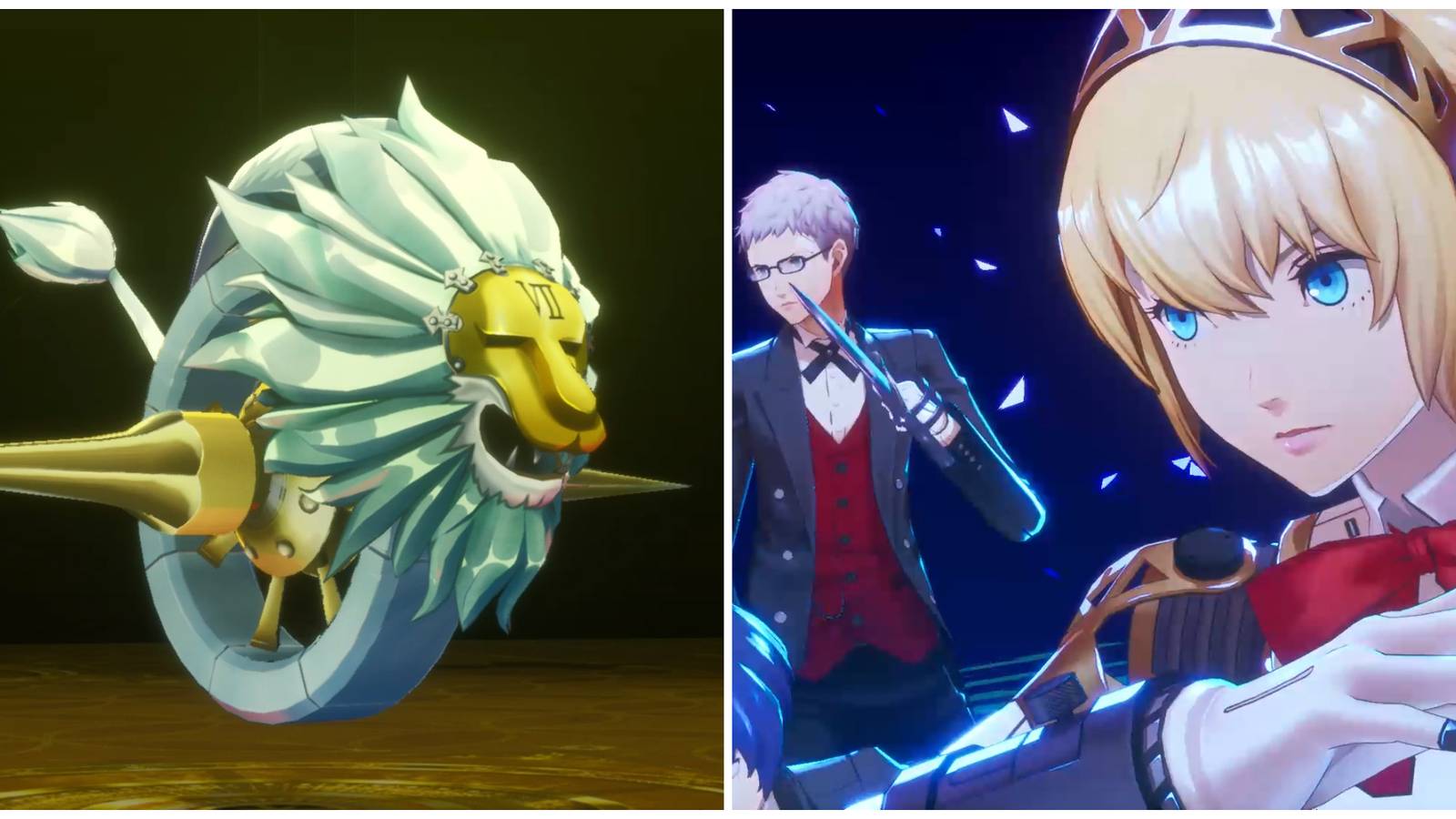 Split image of the Dancing Beast Wheel enemy and Aigis and the team performing an all-out attack in Persona 3 Reload