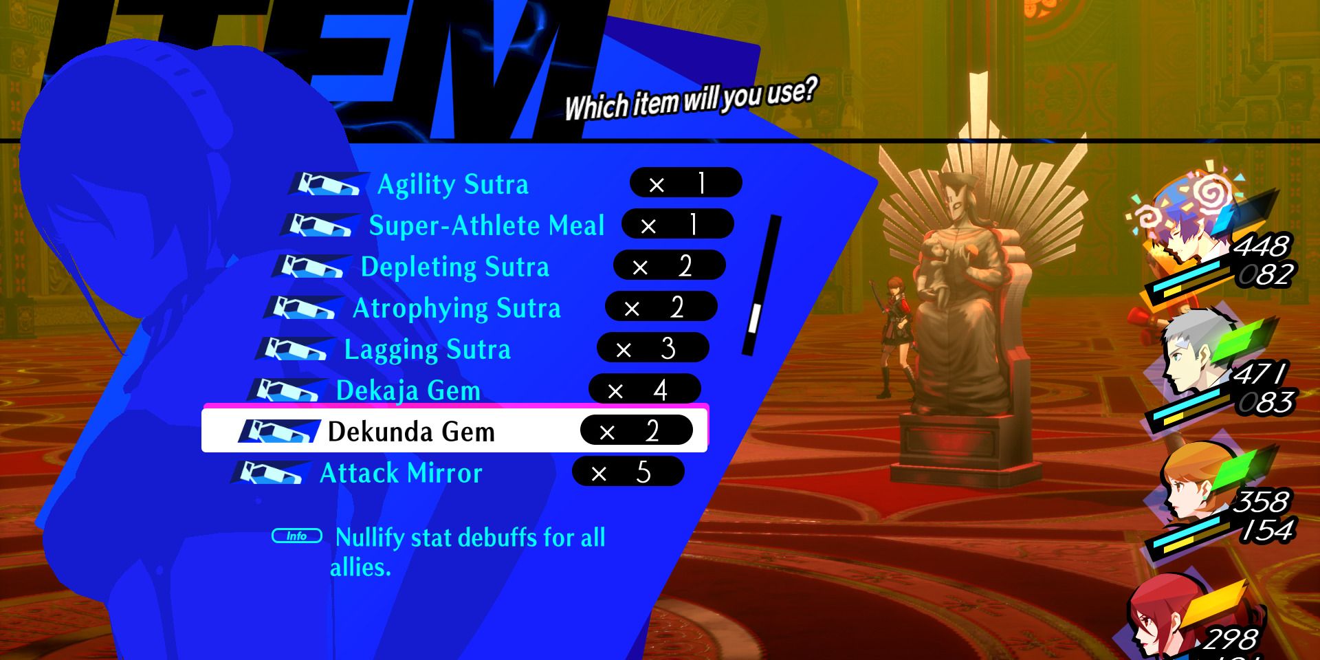 Image of Mitsuru using a Dekunda Gem in Persona 3 Reload - Change Relic will try to debuff your party so, to reverse this, make sure to bring along a character who can learn Dekunda, which will nullify all stat debuffs to your party