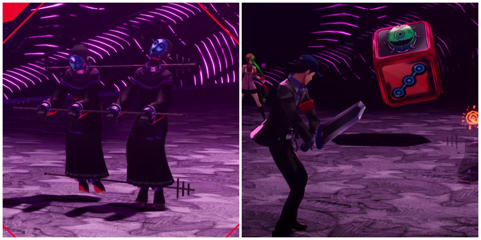 Split image of the Slaughter Twins and the Disturbing Dice in Persona 3 Reload