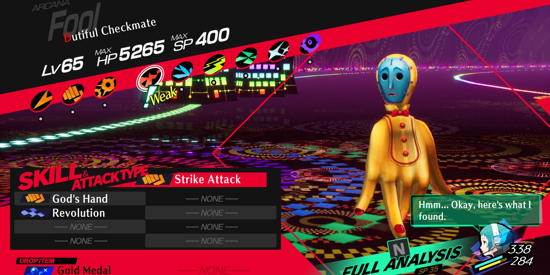 Image of the Dutiful Checkmate enemy's weaknesses in Persona 3 Reload