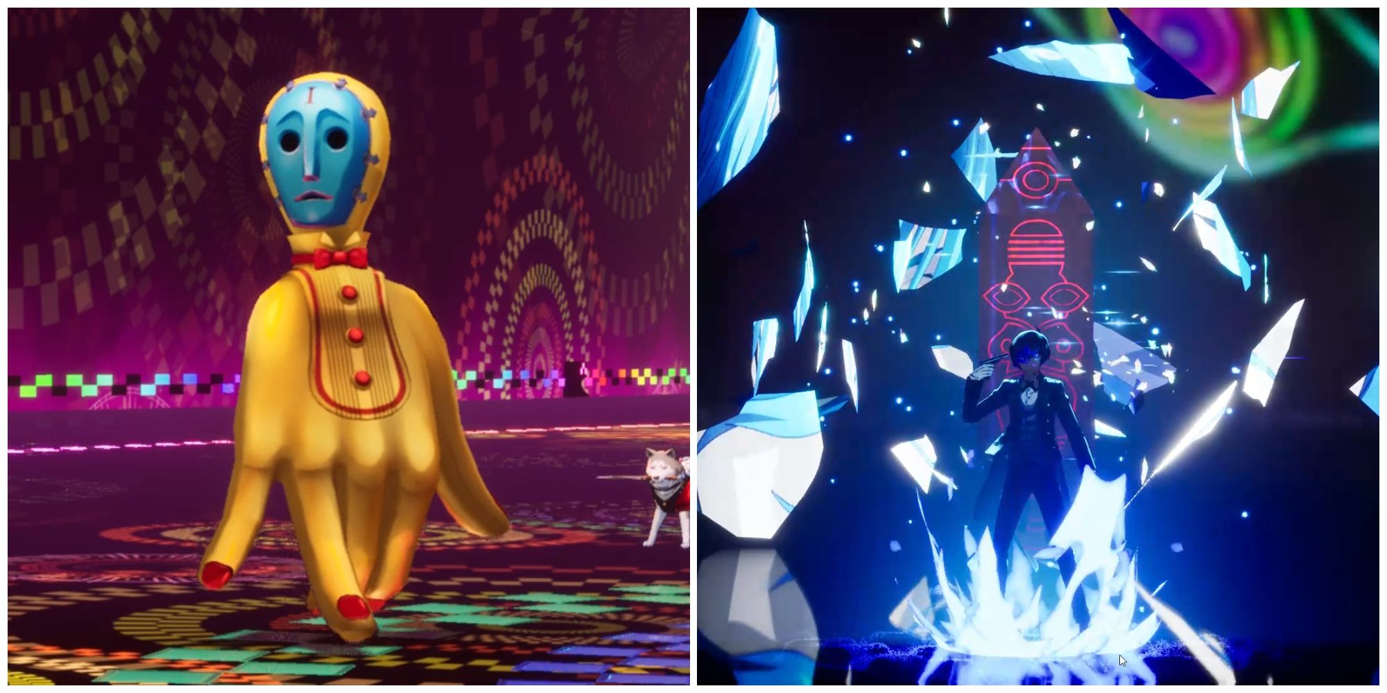 Split image of the Dutiful Checkmate enemy and the main character using the Alilat persona against the enemy in Persona 3 Reload