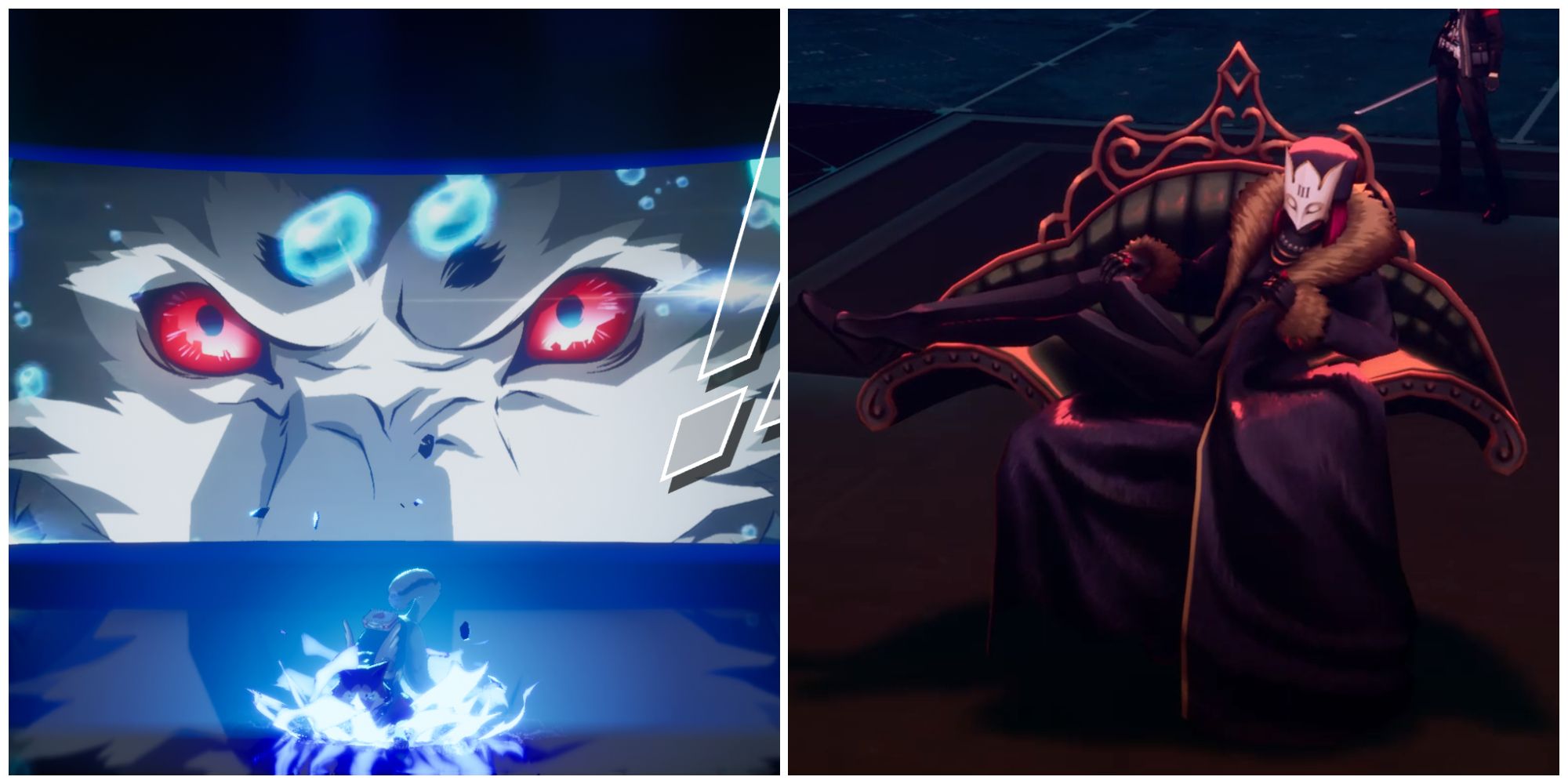 Split image of Koromaru using his Theurgy attack, and the Elegant Mother boss in Persona 3 Reload