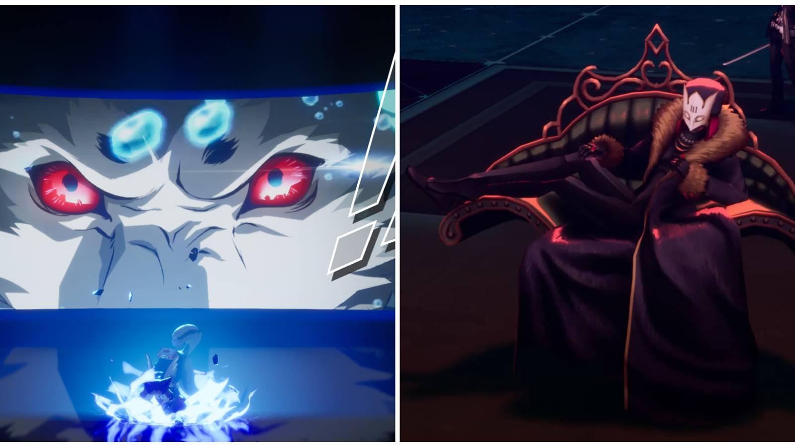 Split image of Koromaru using his Theurgy attack, and the Elegant Mother boss in Persona 3 Reload