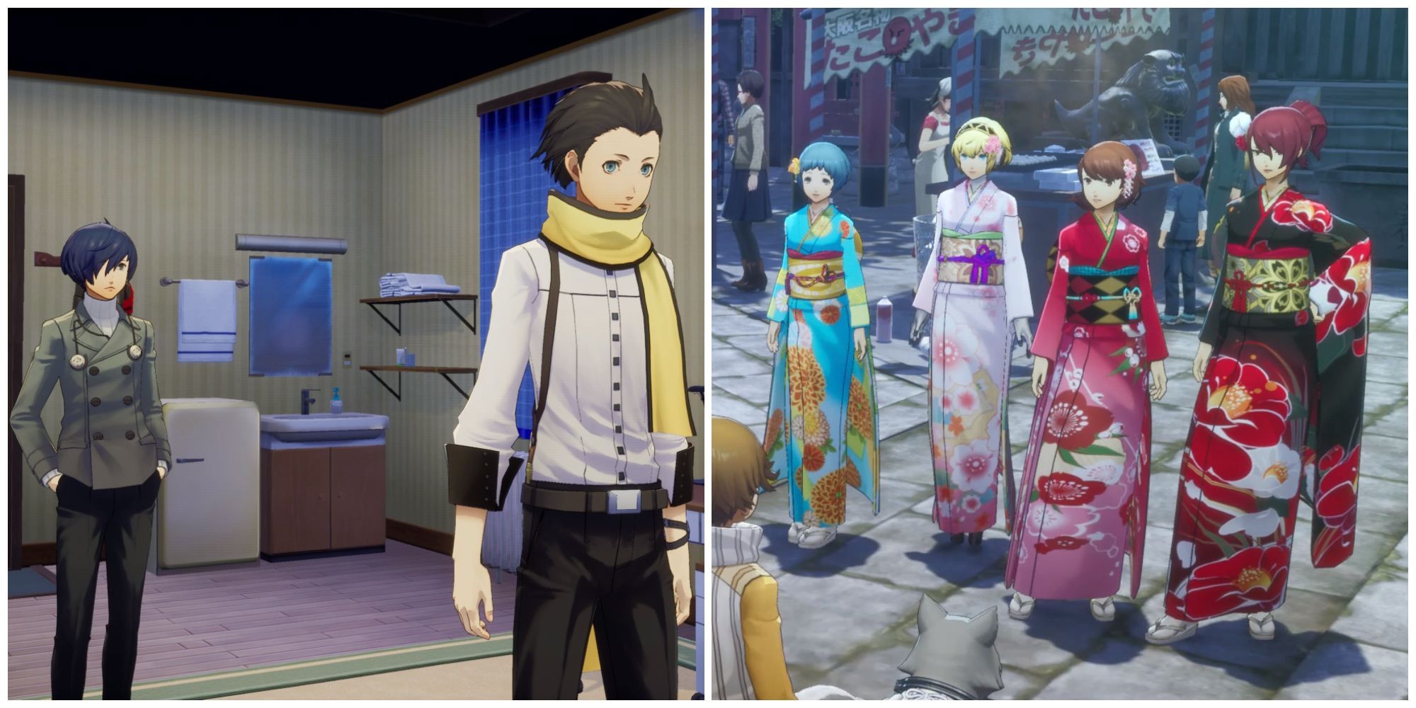 Split image of the main character with Ryoji and the female characters in the new year in Persona 3 Reload