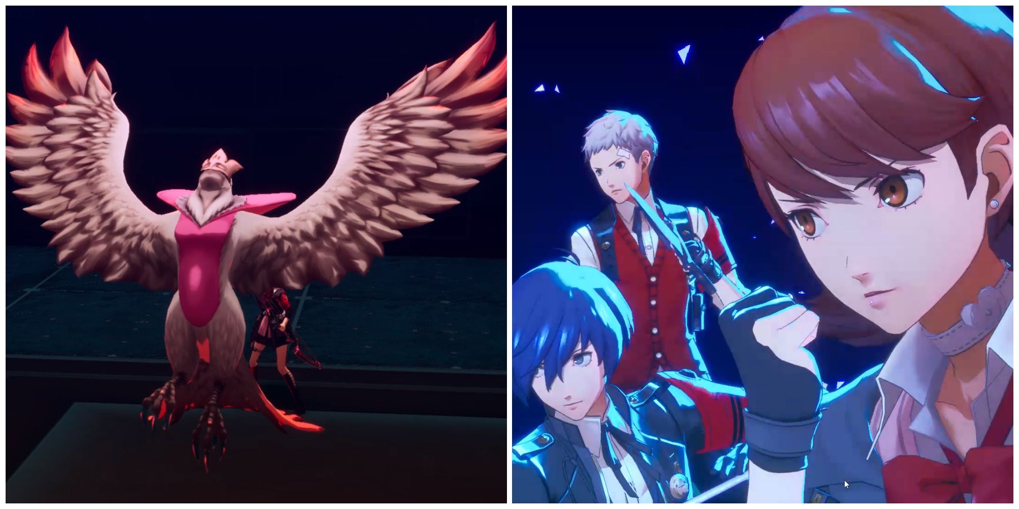 Split image of the Eternal Eagle boss and Yukari and the team performing an all-out attack in Persona 3 Reload