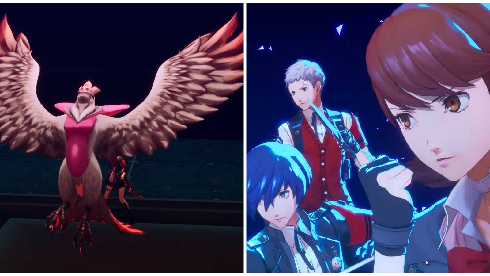 Split image of the Eternal Eagle boss and Yukari and the team performing an all-out attack in Persona 3 Reload