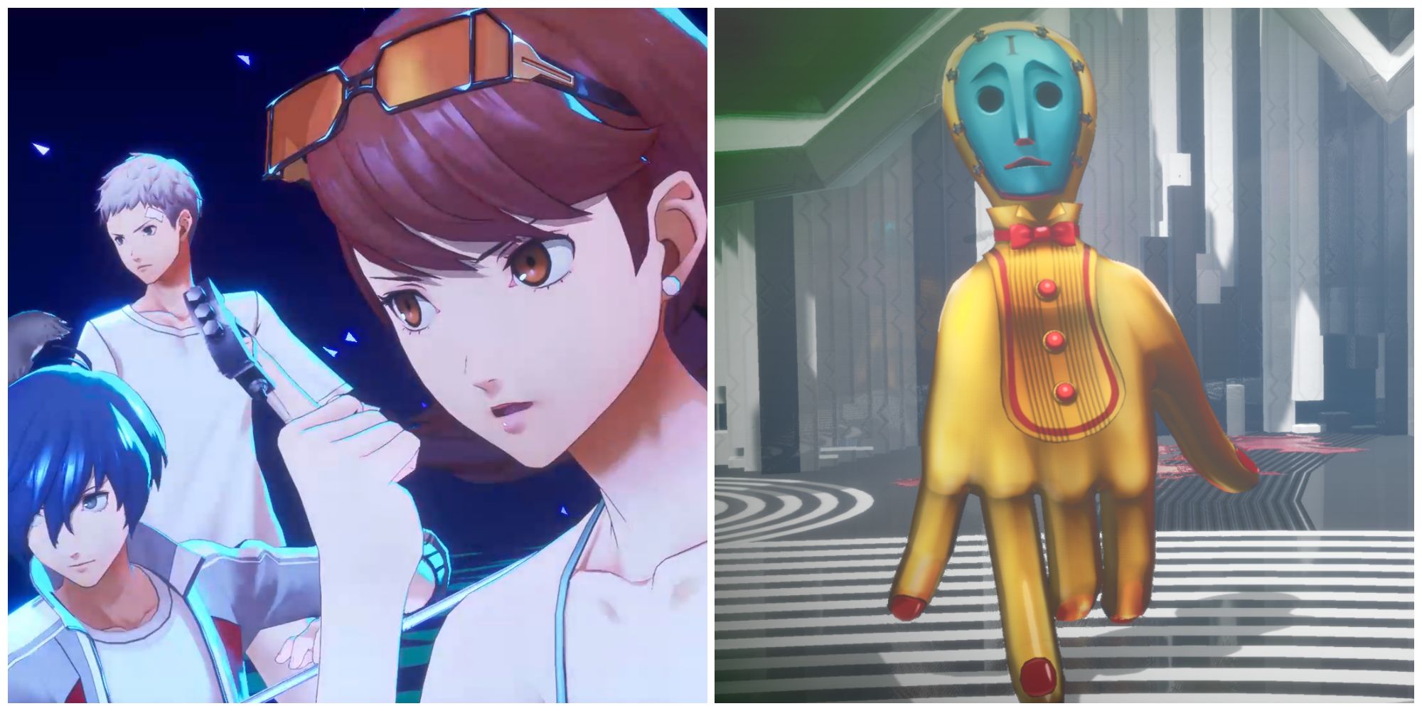 Split image of the team performing an all-out attack and the Final Checkmate enemy in Persona 3 Reload