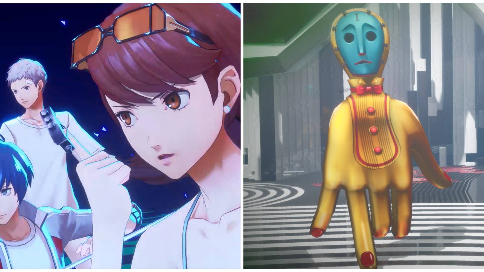 Split image of the team performing an all-out attack and the Final Checkmate enemy in Persona 3 Reload