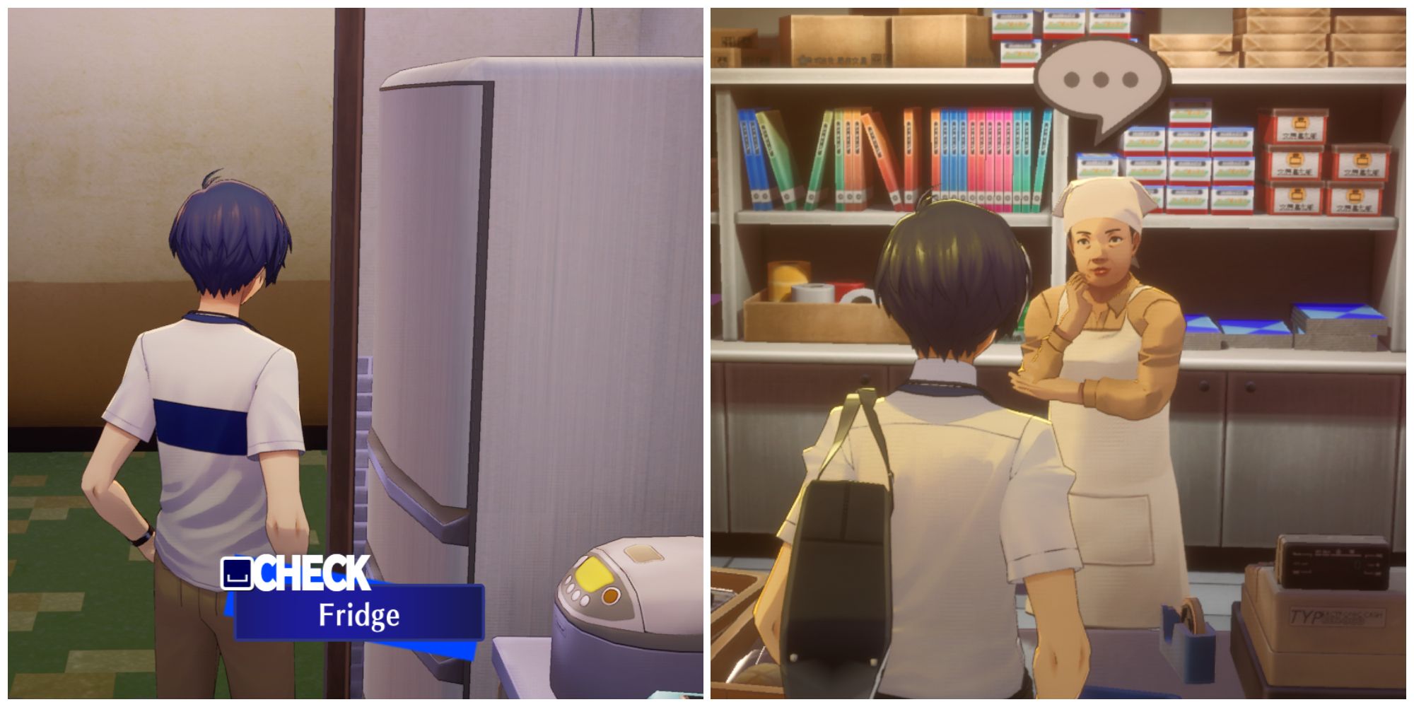 Split image of the main character in front of the fridge and visiting the School Store Vendor in Persona 3 Reload