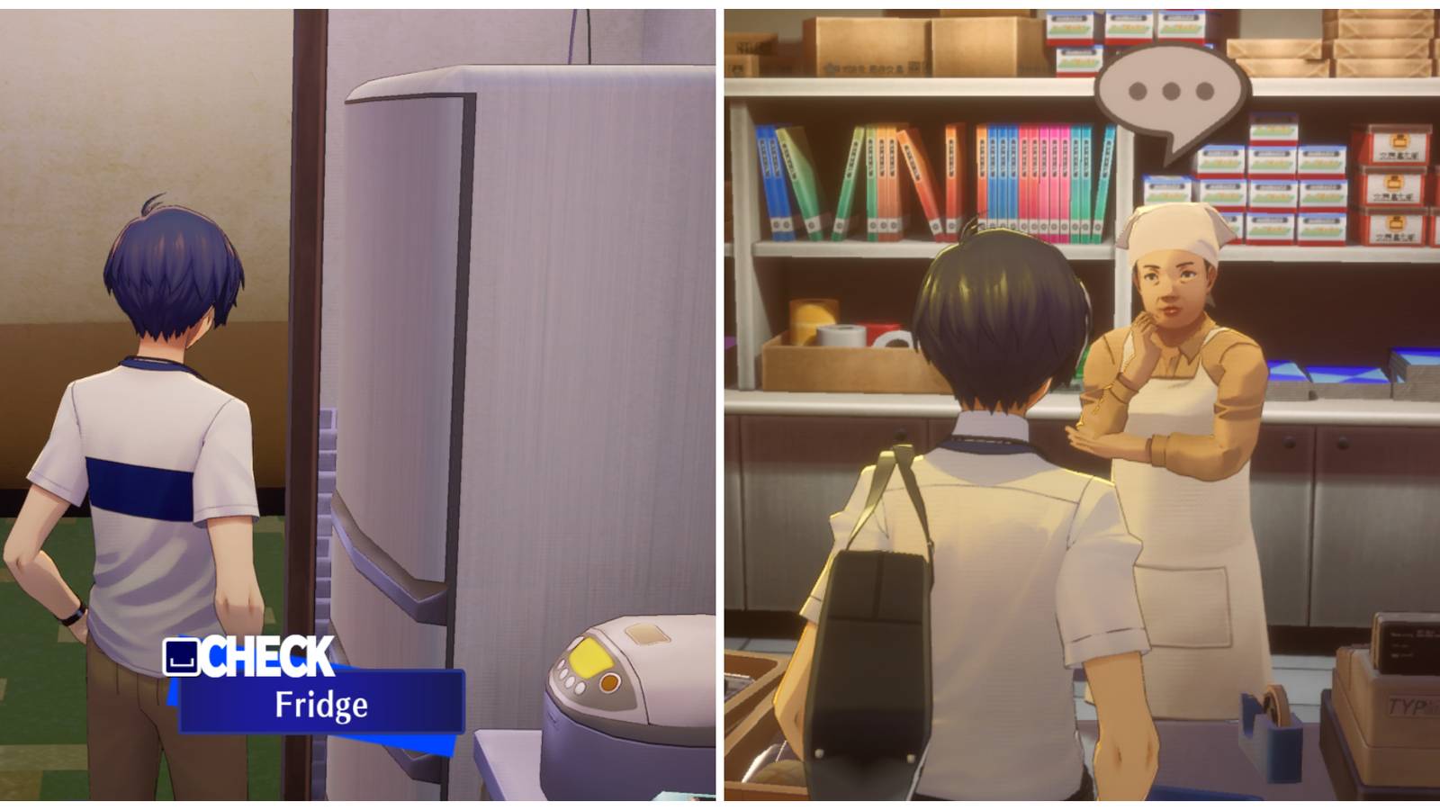Split image of the main character in front of the fridge and visiting the School Store Vendor in Persona 3 Reload