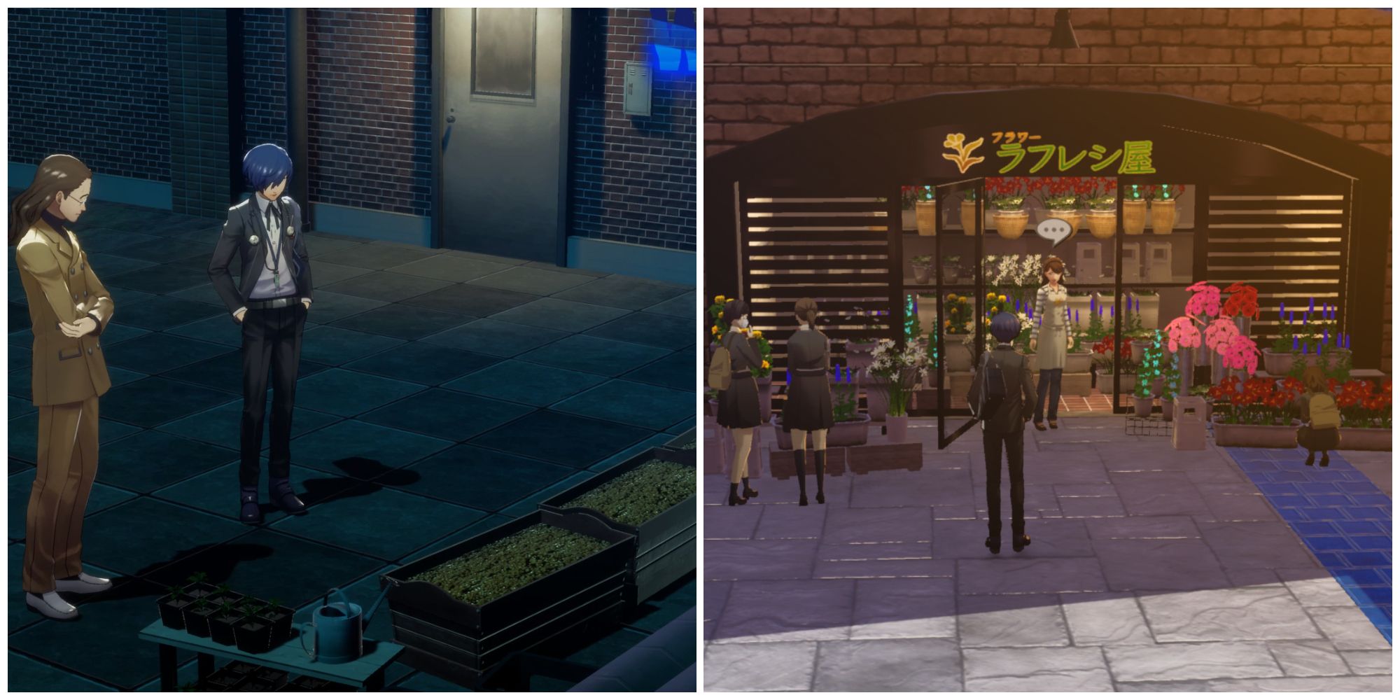 Split image of the rooftop garden and the entrance to Rafflesia in Persona 3 Reload