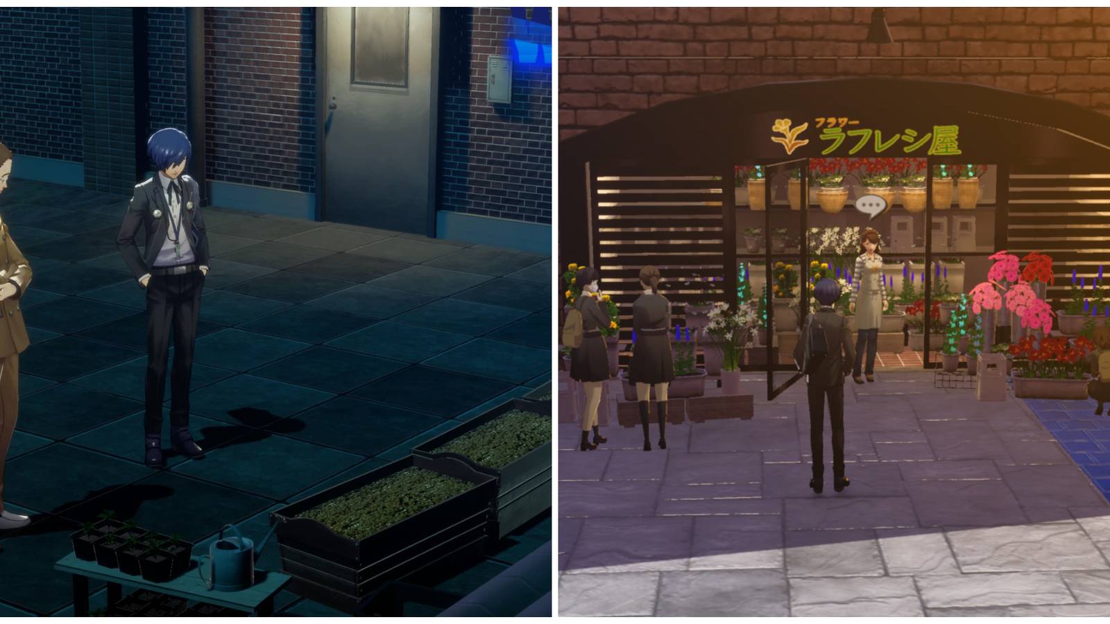 Split image of the rooftop garden and the entrance to Rafflesia in Persona 3 Reload