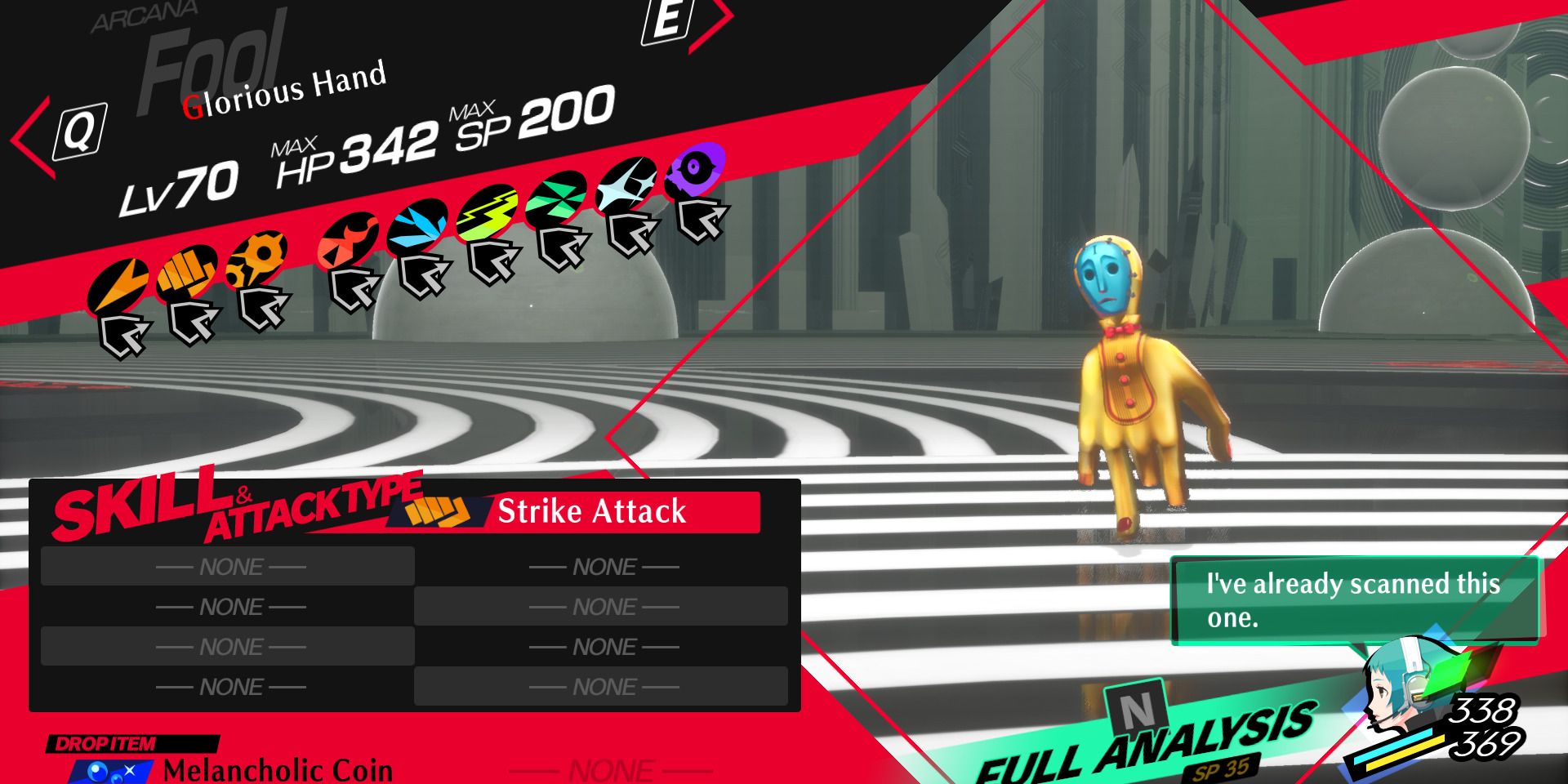 Image of all the weaknesses and resistances of the Glorious Hand enemy in Persona 3 Reload