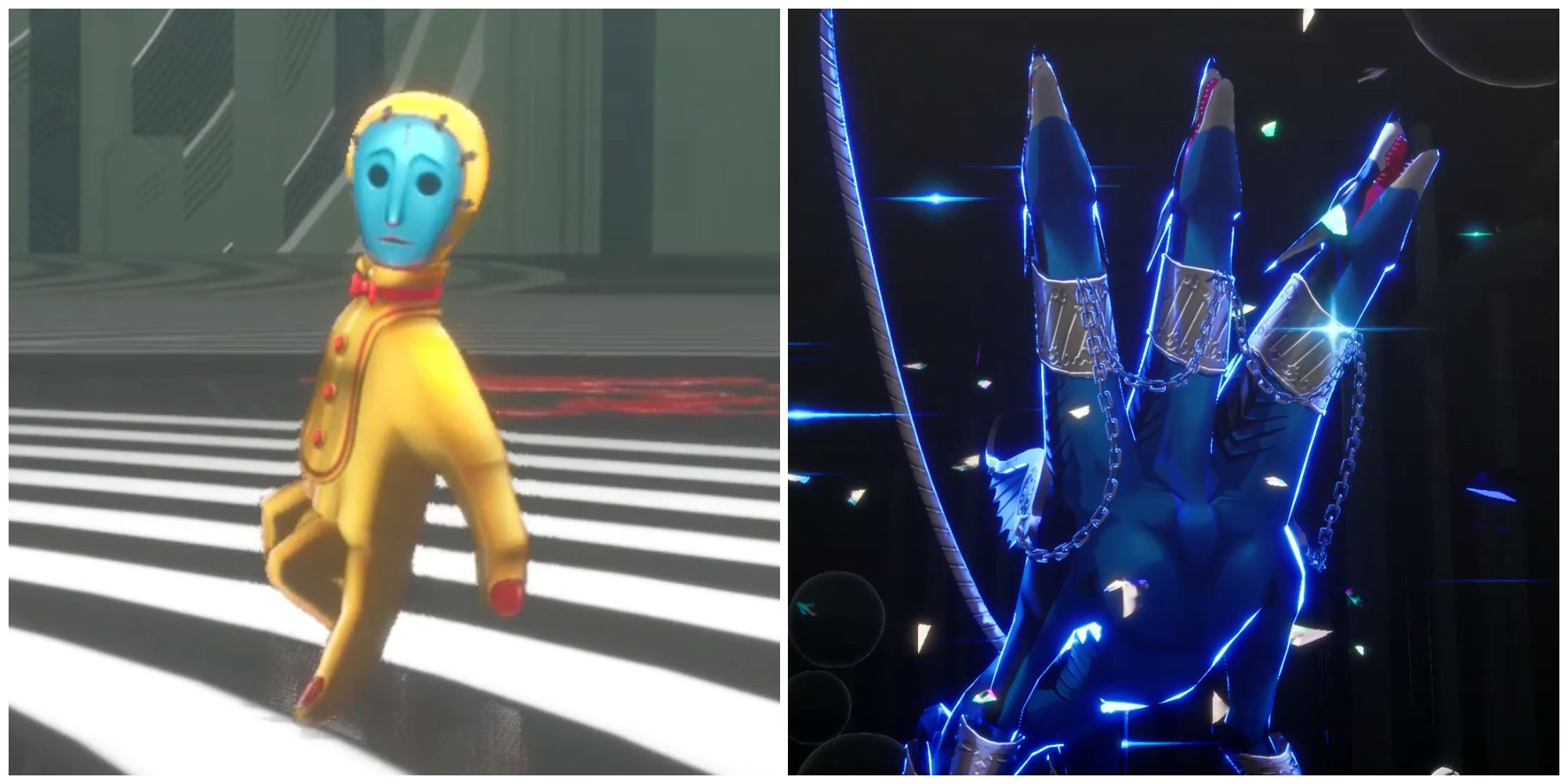 Split image of the Glorious Hand enemy and Koromaru's persona in Persona 3 Reload